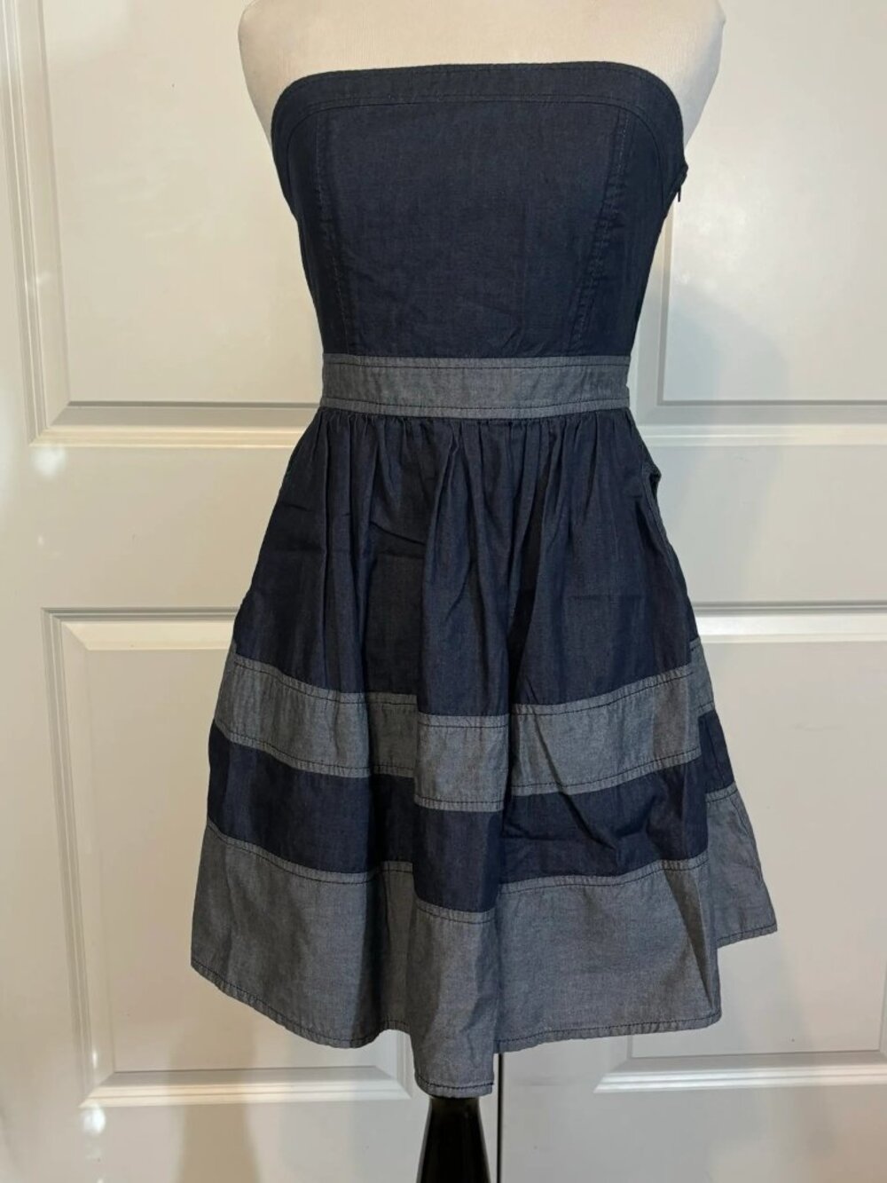 C120 Monteau Strapless Denim Dress - Blue and Gray with pockets!